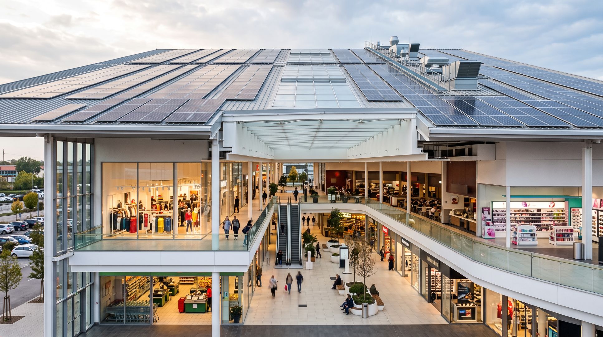 centro commerciale con negozi e attività commerciali, pannelli solari sul tetto